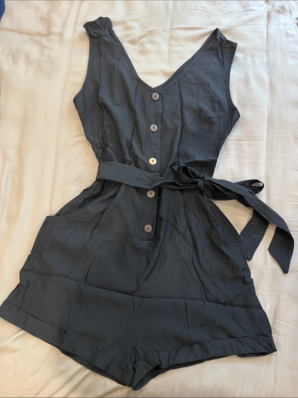 Black Button-Front Sleeveless Tie-Waist Romper